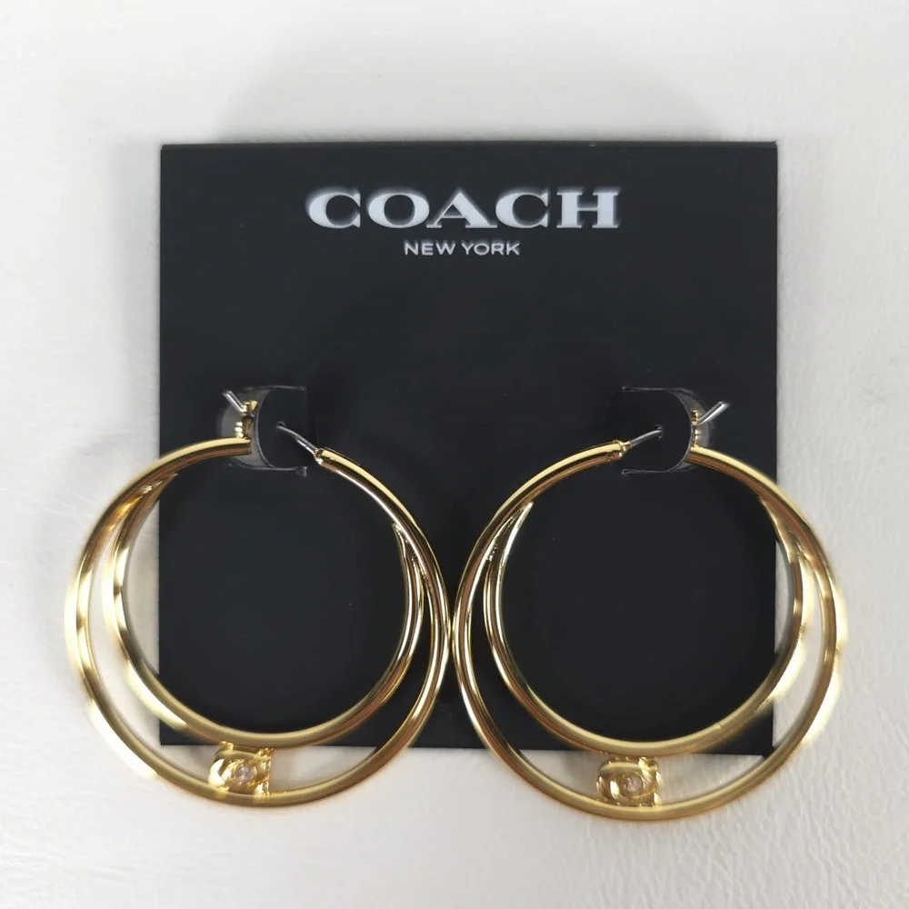 NWT COACH Women's Signature Double Hoop Gold Earrings with Cubic Zirconia Detail - Picture 8 of 13